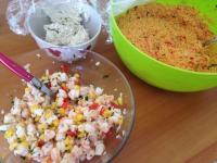 Crevettes mangue coriandre . Rillettes de maquereaux. Taboulé